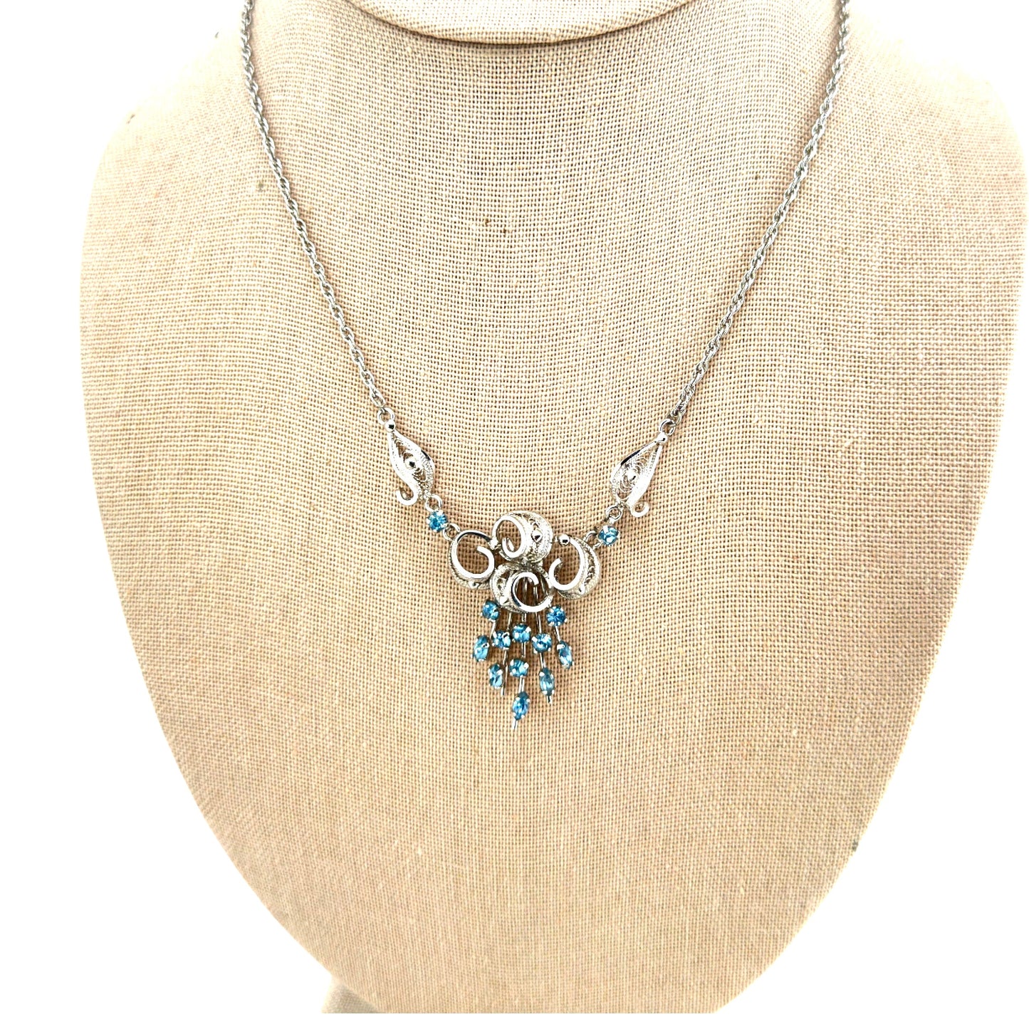 Ann Lee sterling silver filigree pendant necklace with cascading aquamarine stone drops on twisted rope chain