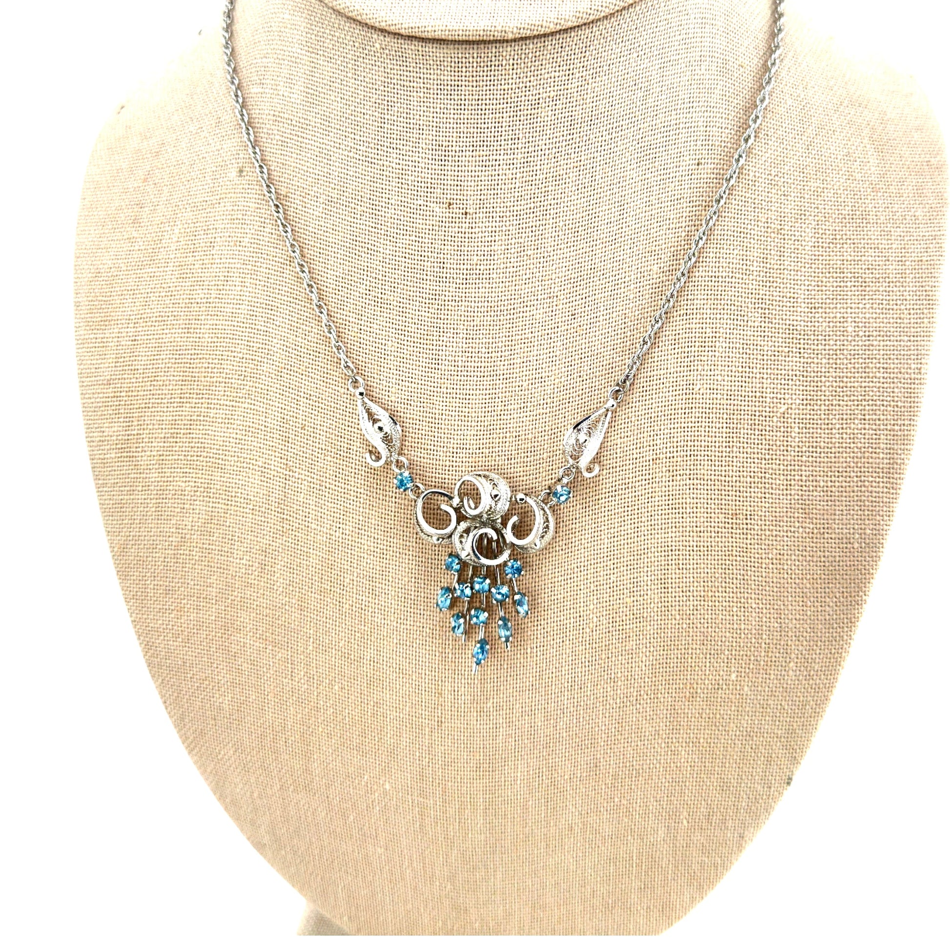 Ann Lee sterling silver filigree pendant necklace with cascading aquamarine stone drops on twisted rope chain
