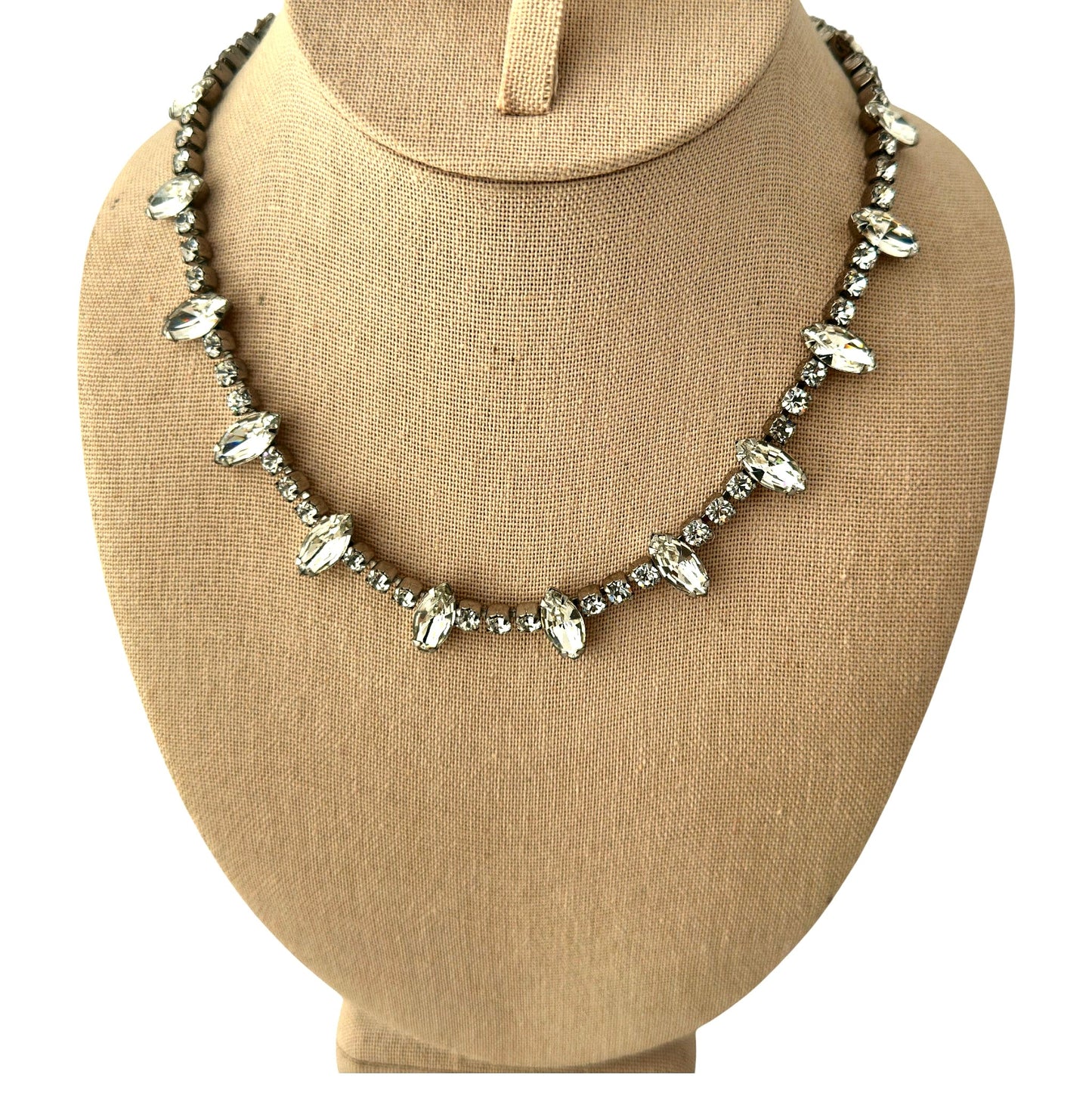 Miriam Haskell signed rhinestone chain necklace with alternating marquise and round clear stones in silver-tone prong-set ...