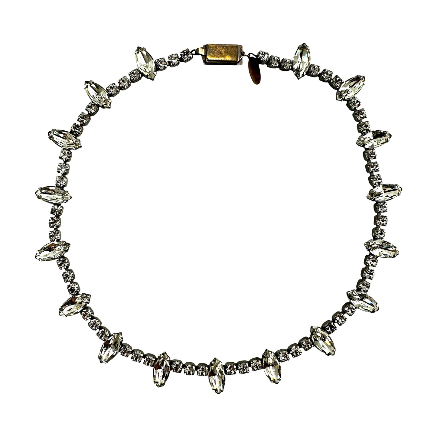 Full-length view of single-strand rhinestone necklace showing continuous linked chain of marquise-cut and round rhinestone...