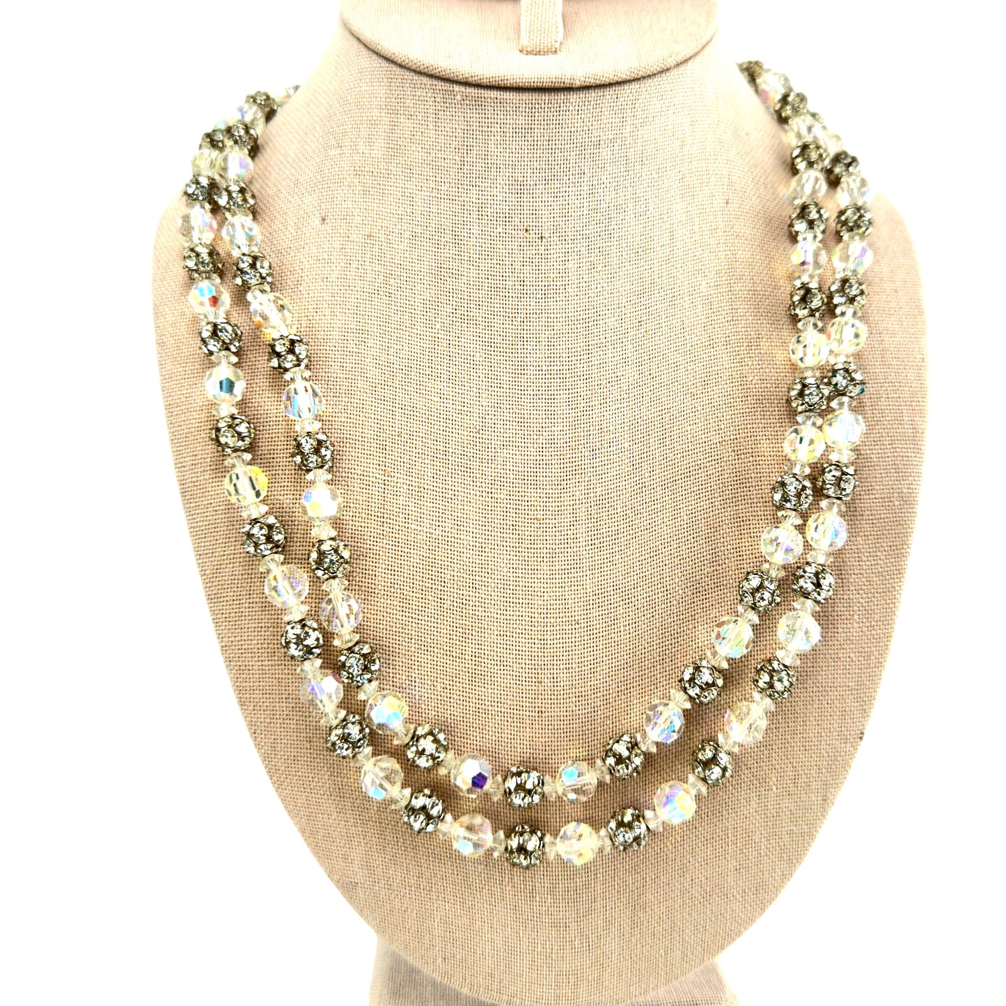 Double-strand aurora borealis crystal and silver-tone rhinestone ball bead necklace with bicone spacers, circa 1950s-1960s...