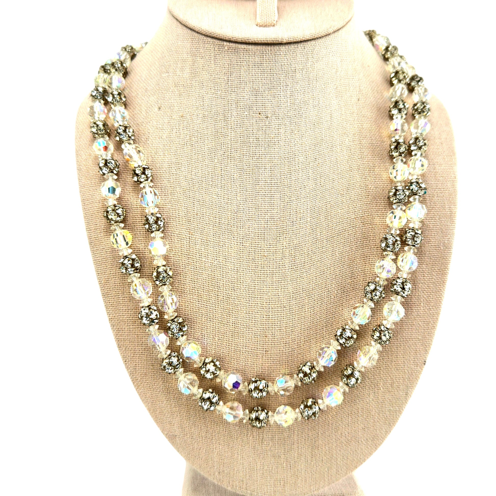 Double-strand aurora borealis crystal and silver-tone rhinestone ball bead necklace with bicone spacers, circa 1950s-1960s...