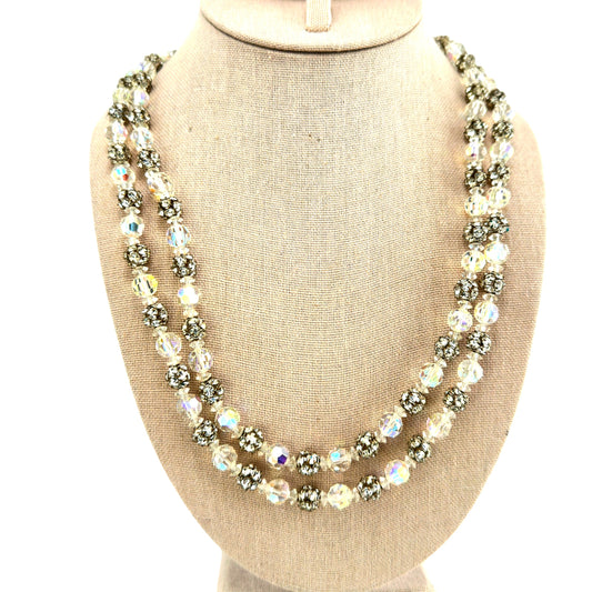 Double-strand aurora borealis crystal and silver-tone rhinestone ball bead necklace with bicone spacers, circa 1950s-1960s...