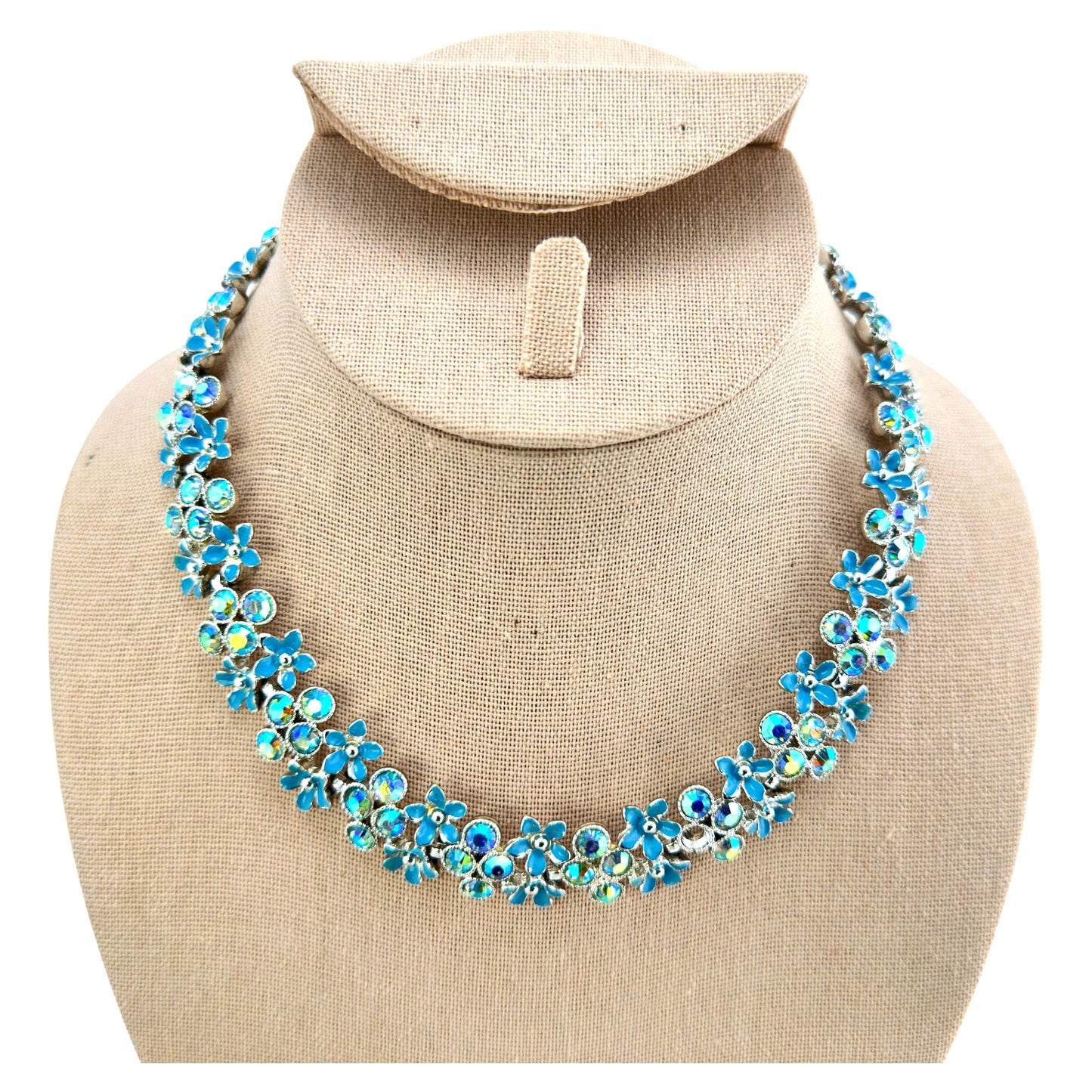 Kramer double-row collar necklace with teal enamel daisy flowers and aurora borealis rhinestones on silver-tone metal, ful...