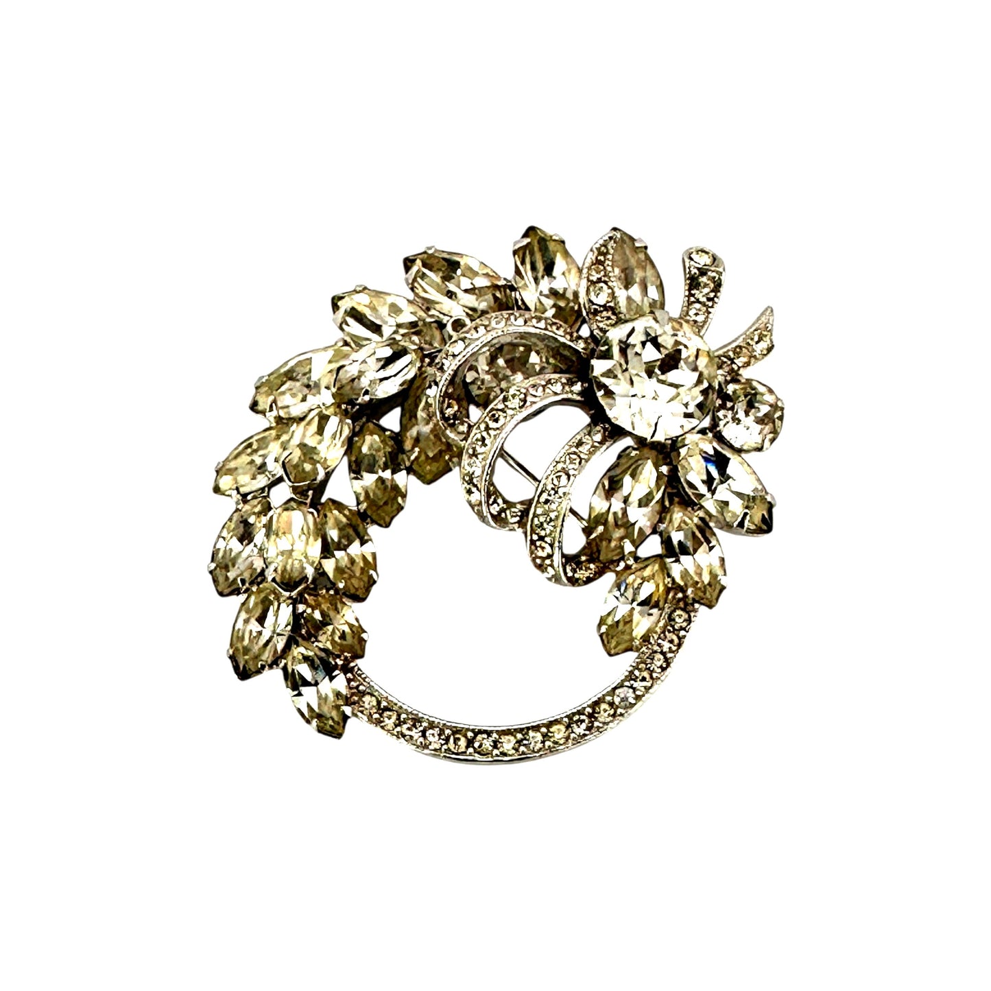 Eisenberg Ice circular wreath brooch, rhodium-plated, with round and marquise-cut clear rhinestones, approx. 2.25 x 1.75 i...