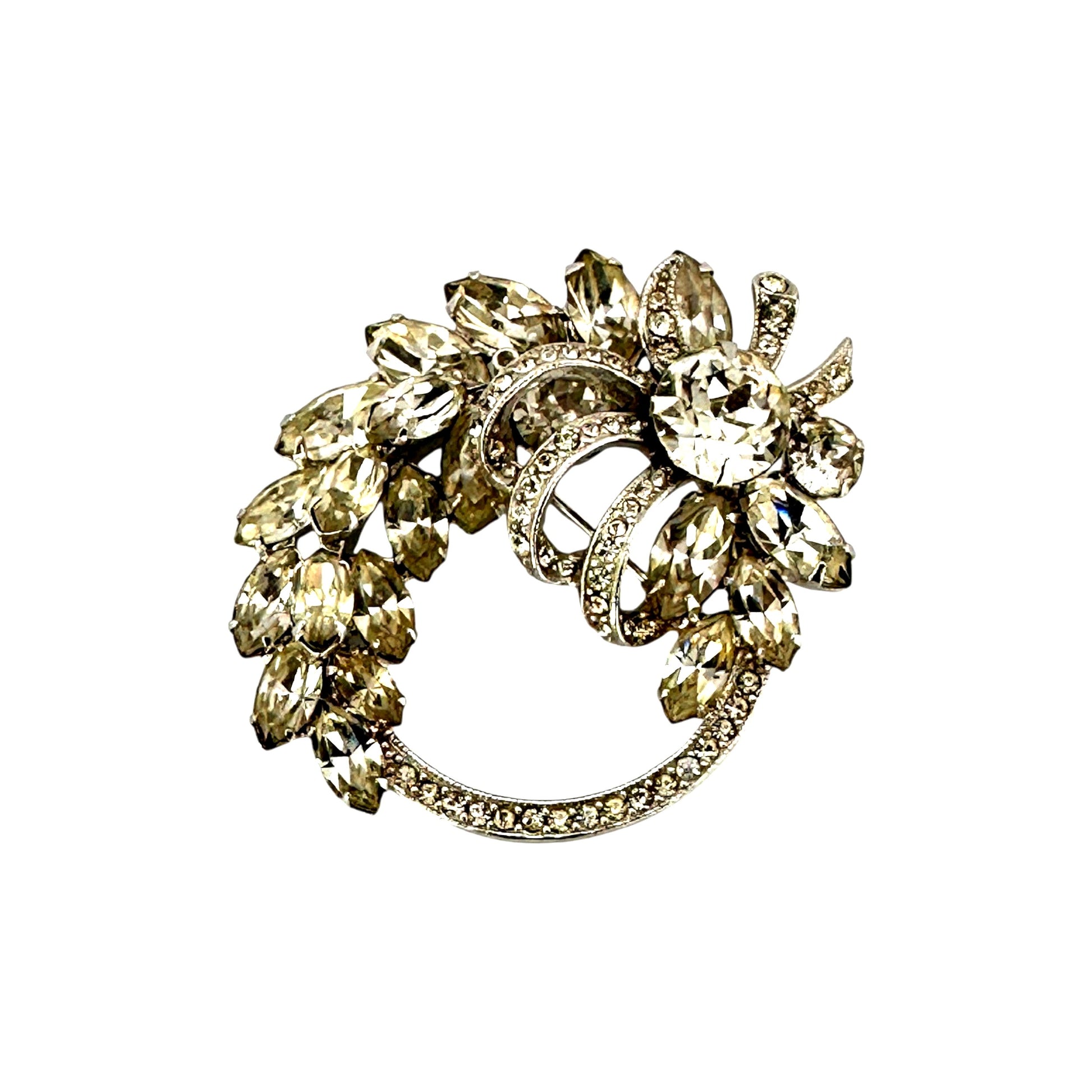 Eisenberg Ice circular wreath brooch, rhodium-plated, with round and marquise-cut clear rhinestones, approx. 2.25 x 1.75 i...