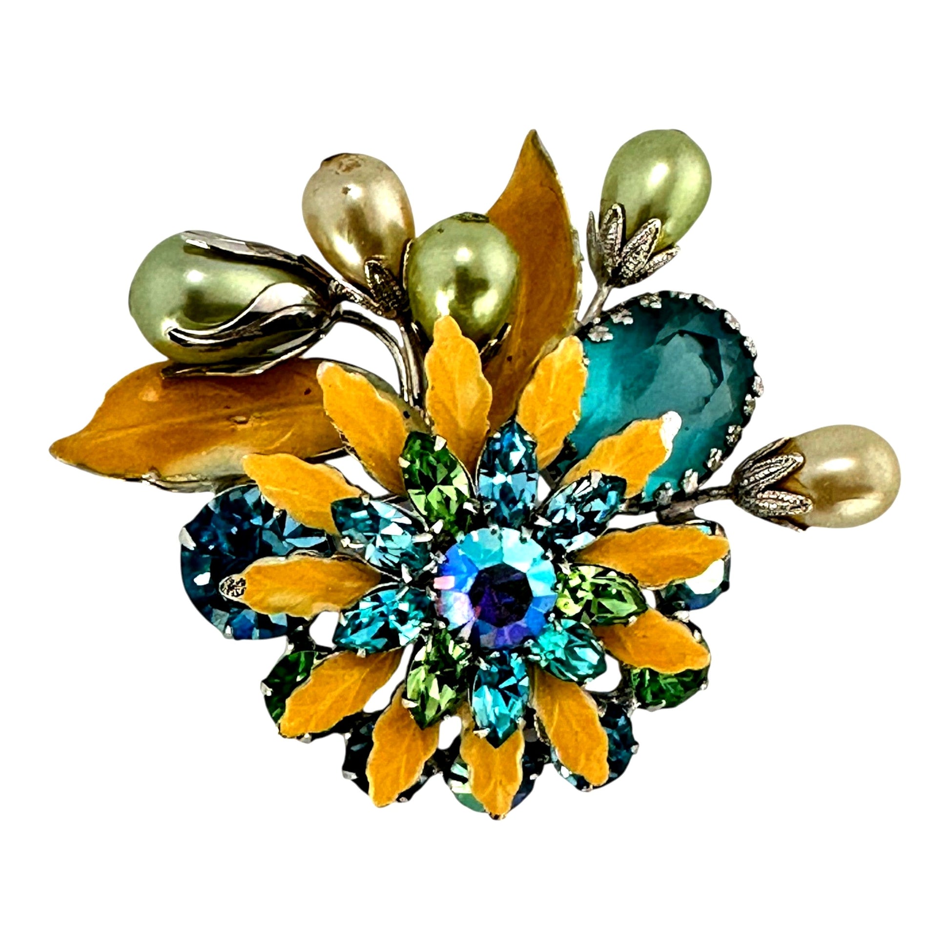 Regency blue/green floral brooch – front view