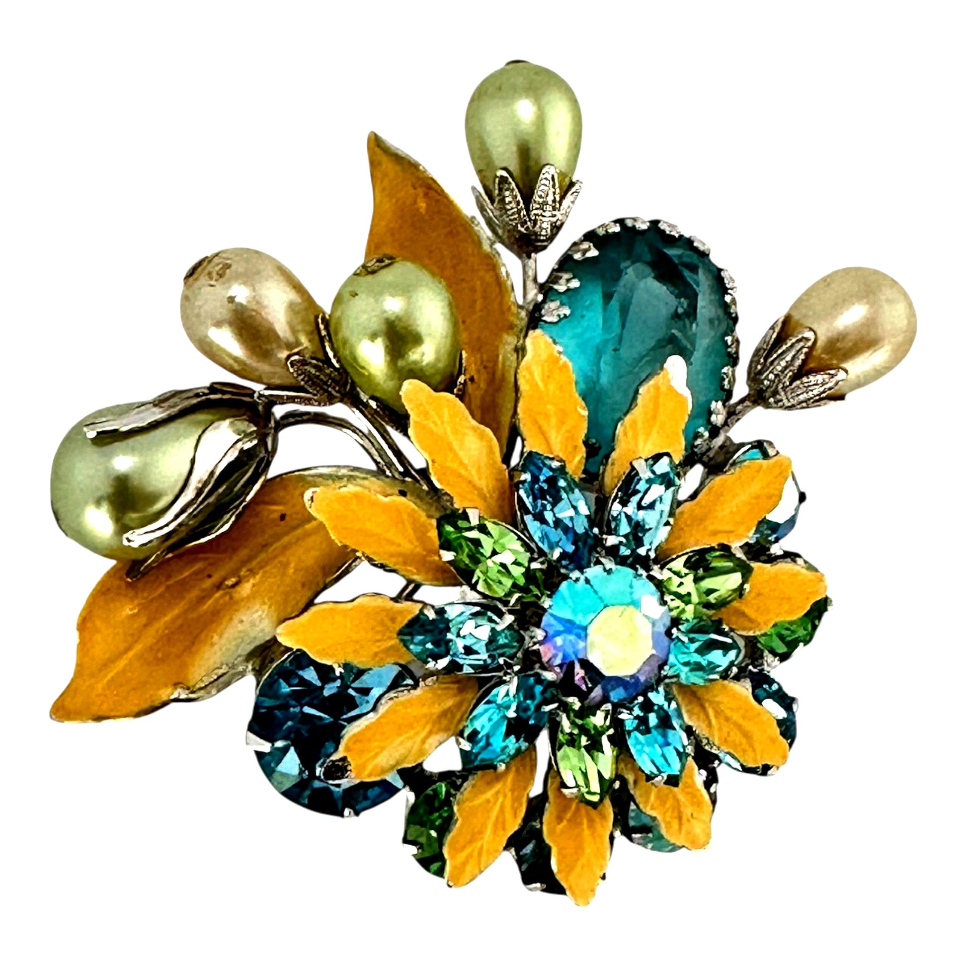 Regency blue/green floral brooch – angled view