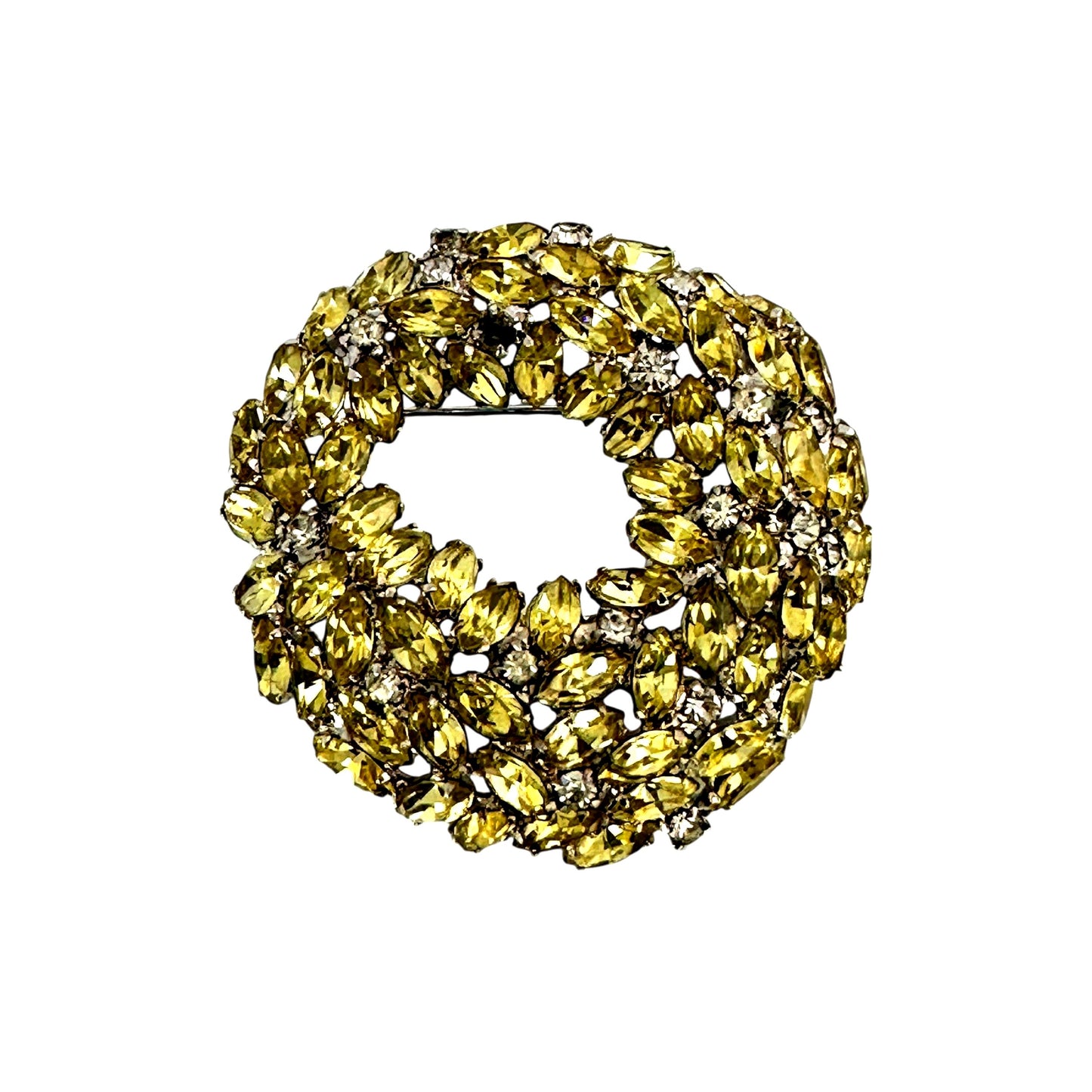 Yellow & white rhinestone domed brooch – front view
