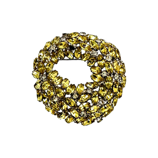Yellow & white rhinestone domed brooch – front view