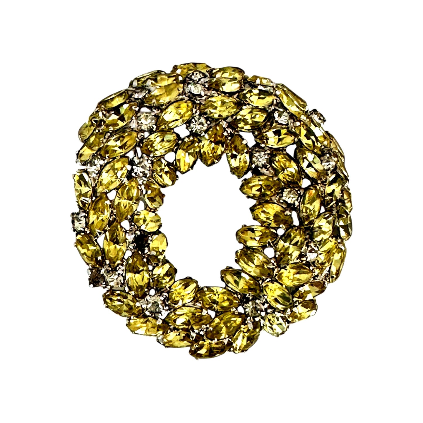 Yellow & white rhinestone domed brooch – angled view