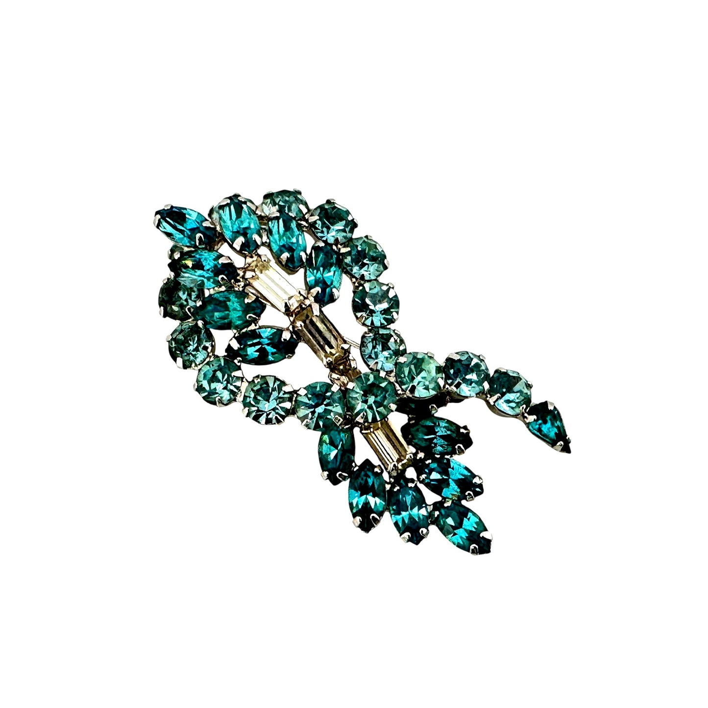 Blue and white rhinestone linear brooch – front view