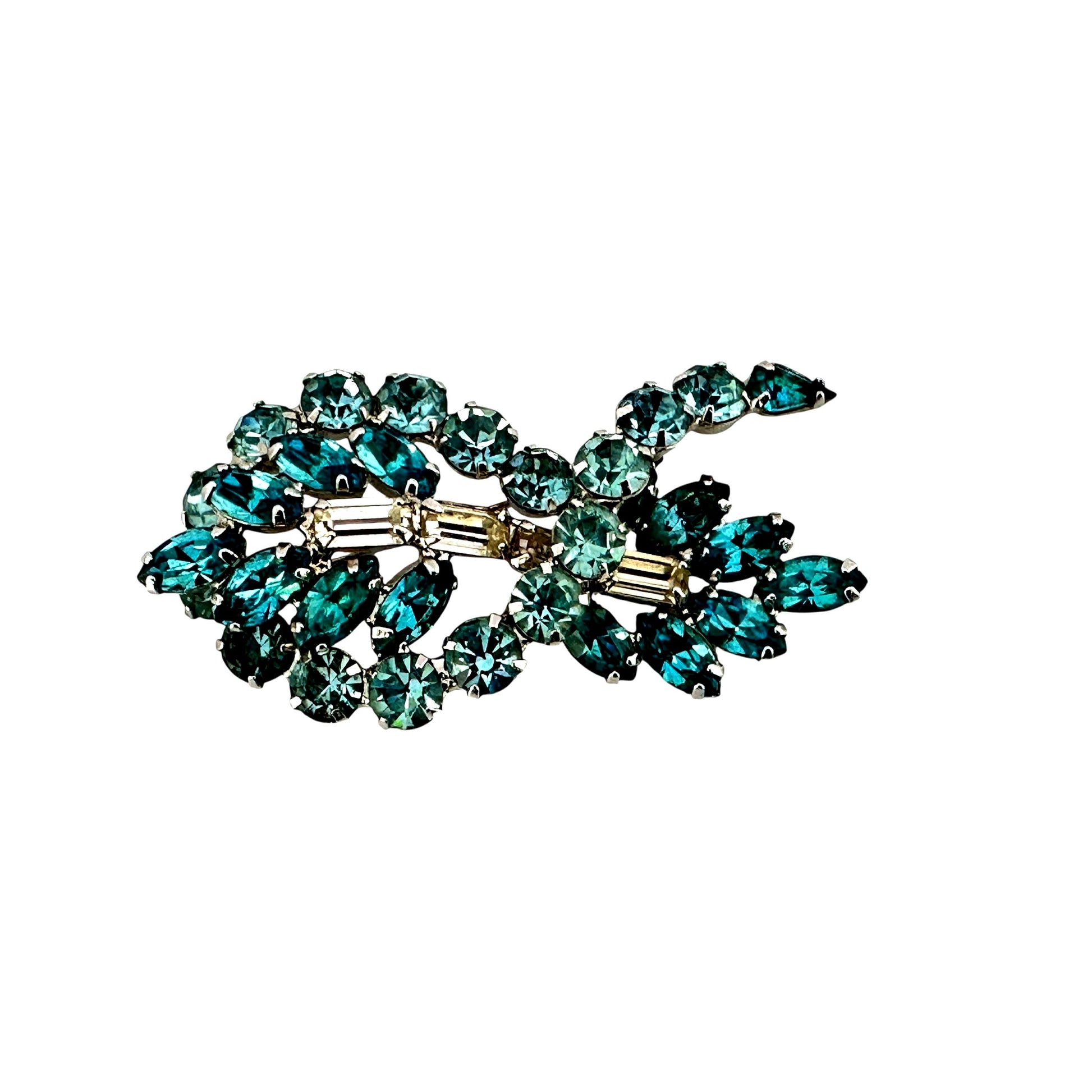 Blue and white rhinestone linear brooch – angled view
