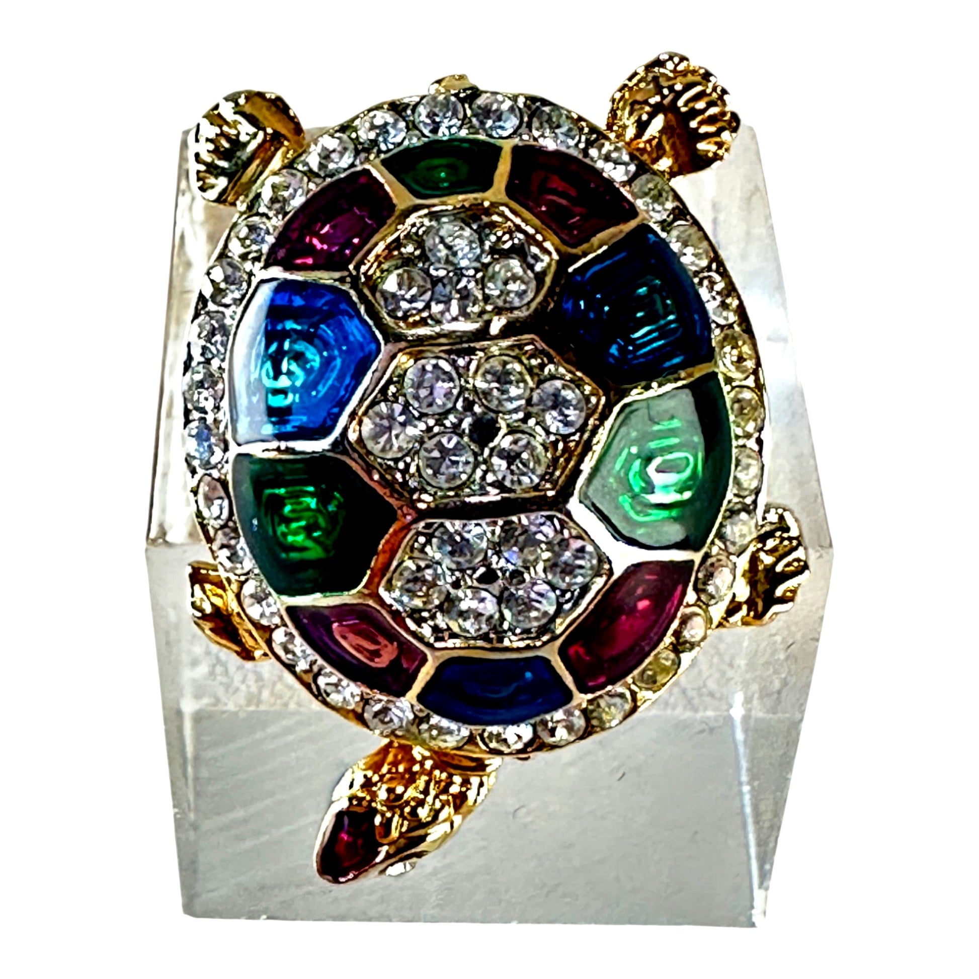 Enamel & rhinestone turtle brooch – front view