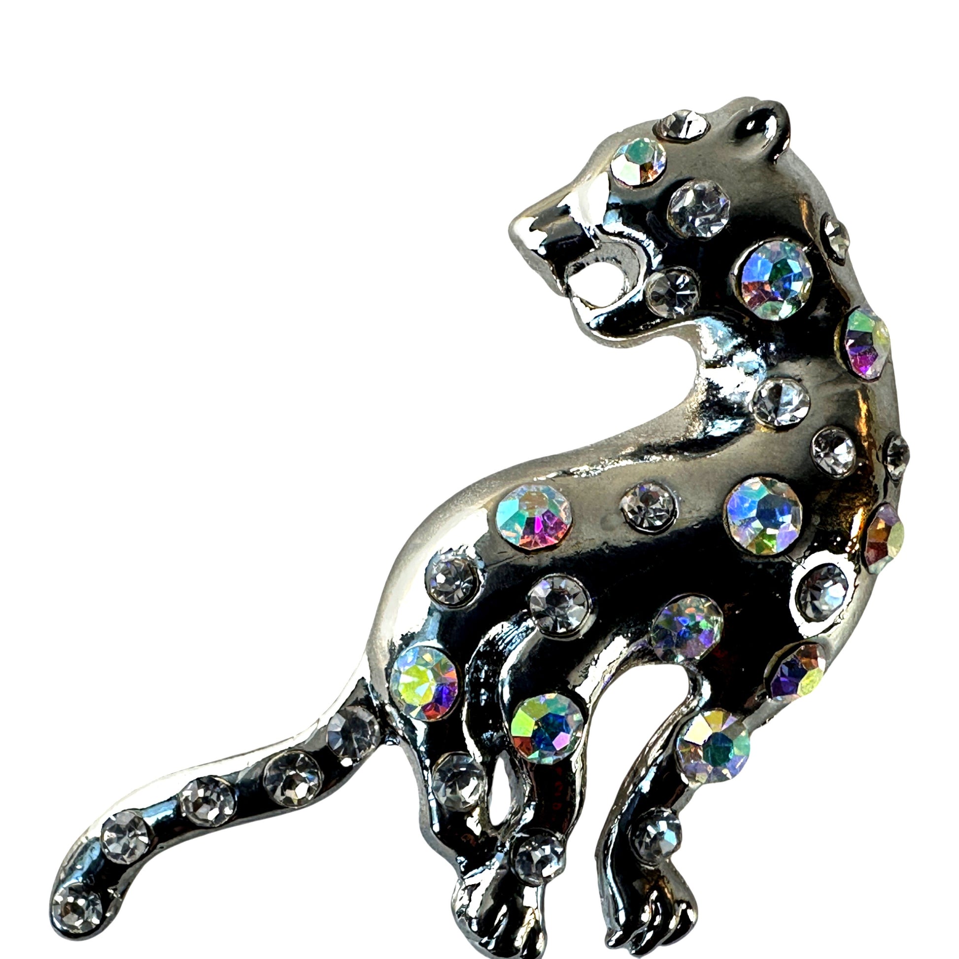 Silver-tone rhinestone jaguar brooch – front view