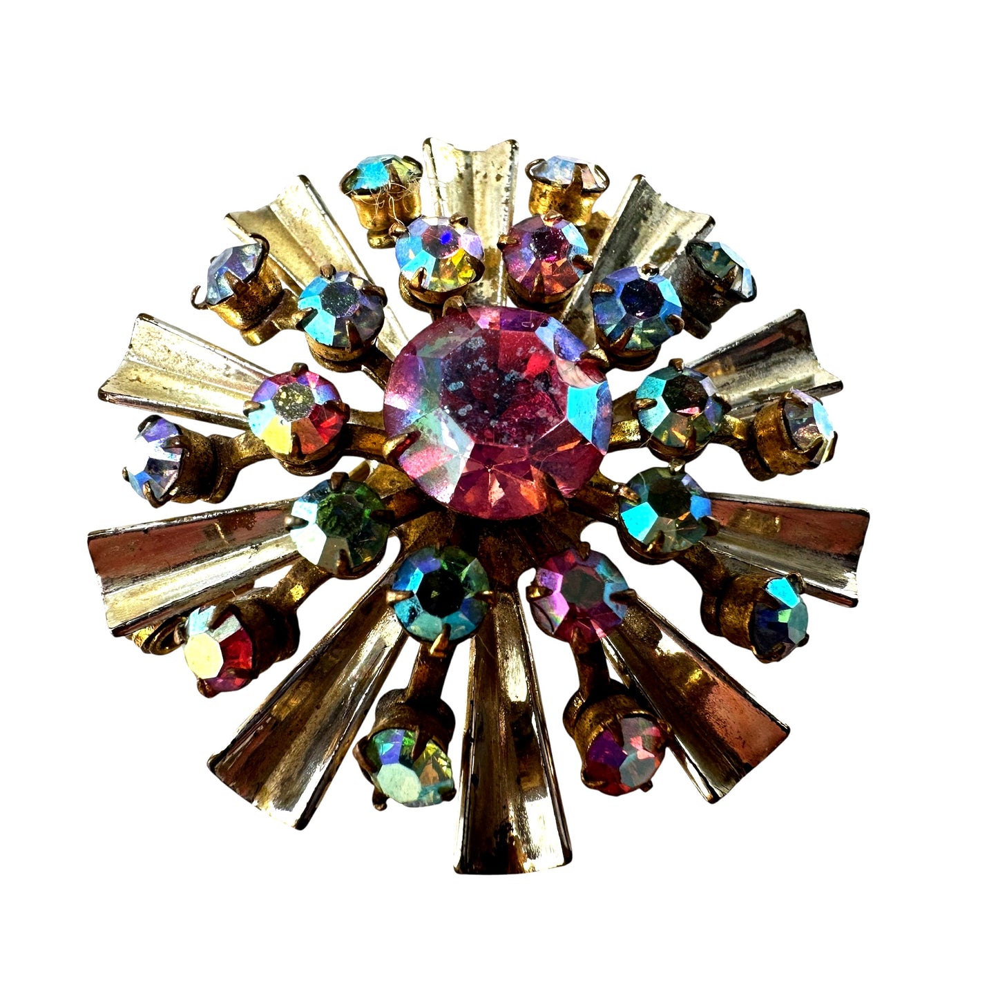 Pink and blue aurora rhinestone burst brooch – front view