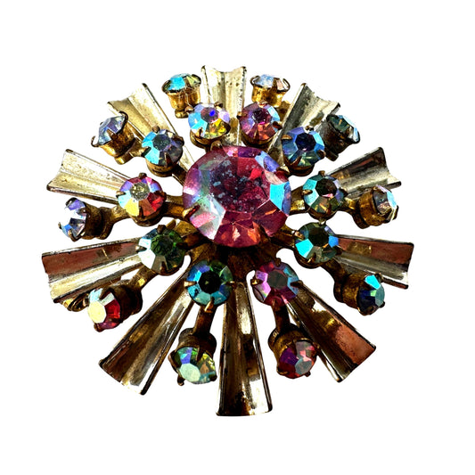 Pink and blue aurora rhinestone burst brooch – front view