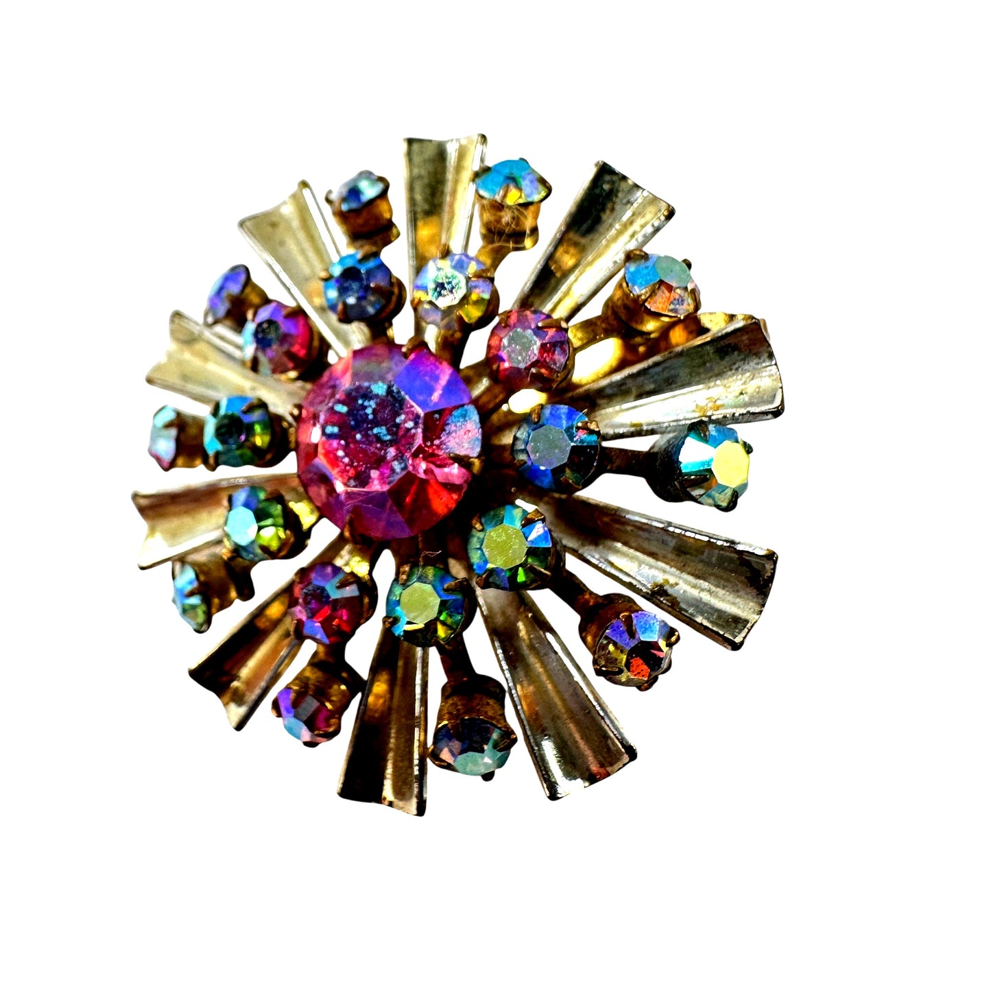 Pink and blue aurora rhinestone burst brooch – angled view