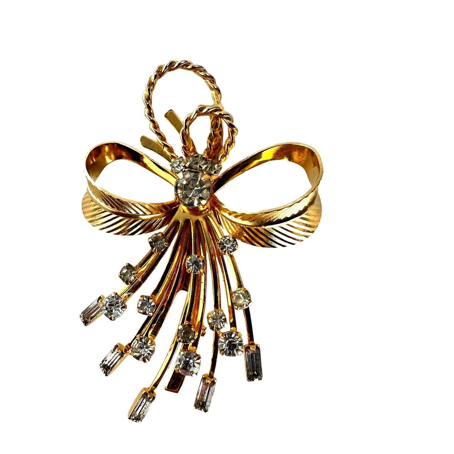 Front view of Sarah Coventry gold tone rhinestone bow brooch