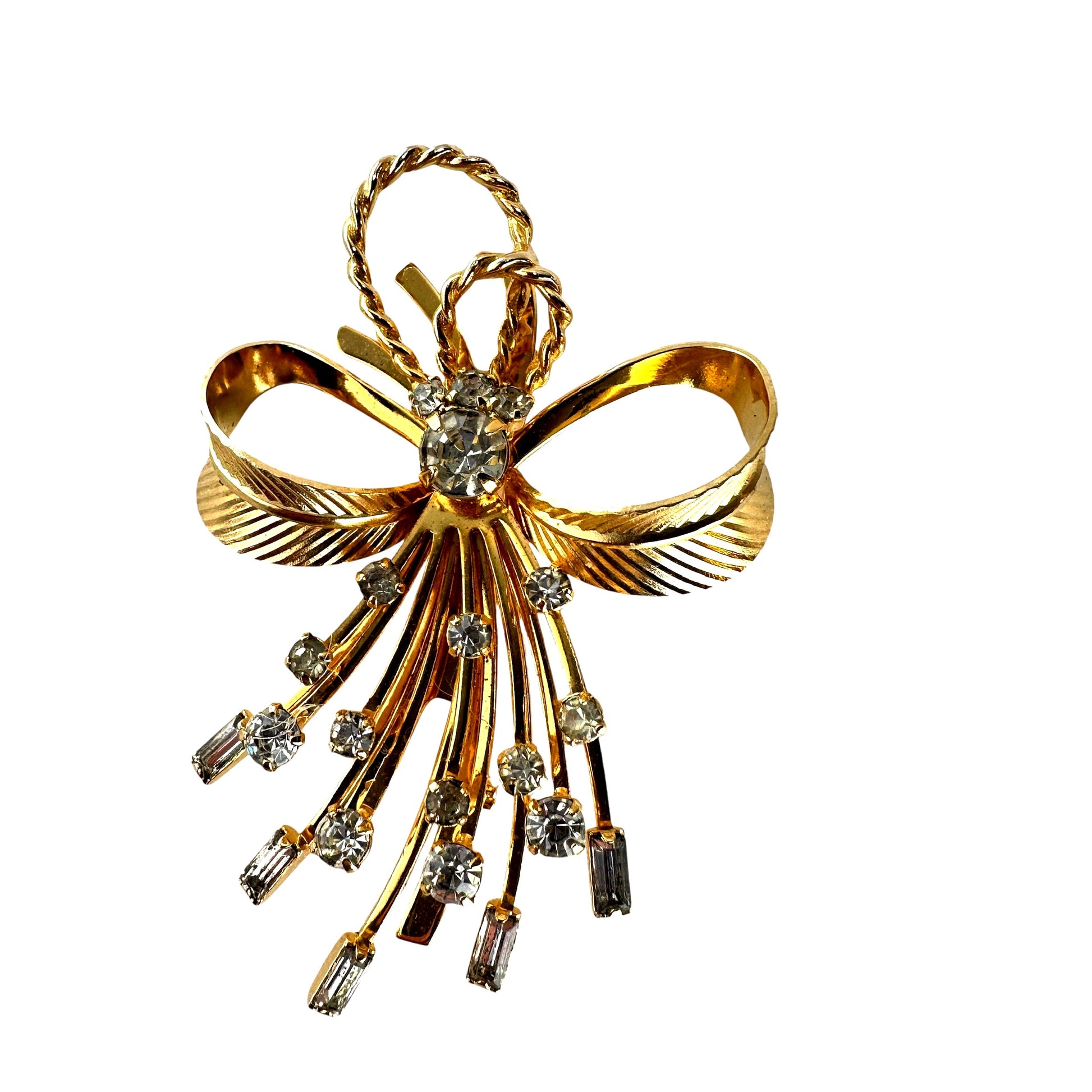 Front view of Sarah Coventry gold tone rhinestone bow brooch