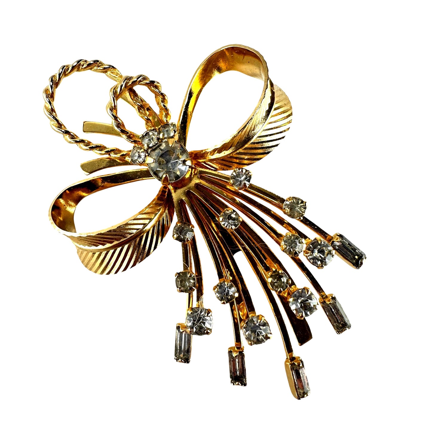 Vintage Sarah Coventry gold tone bow brooch with clear rhinestone accents